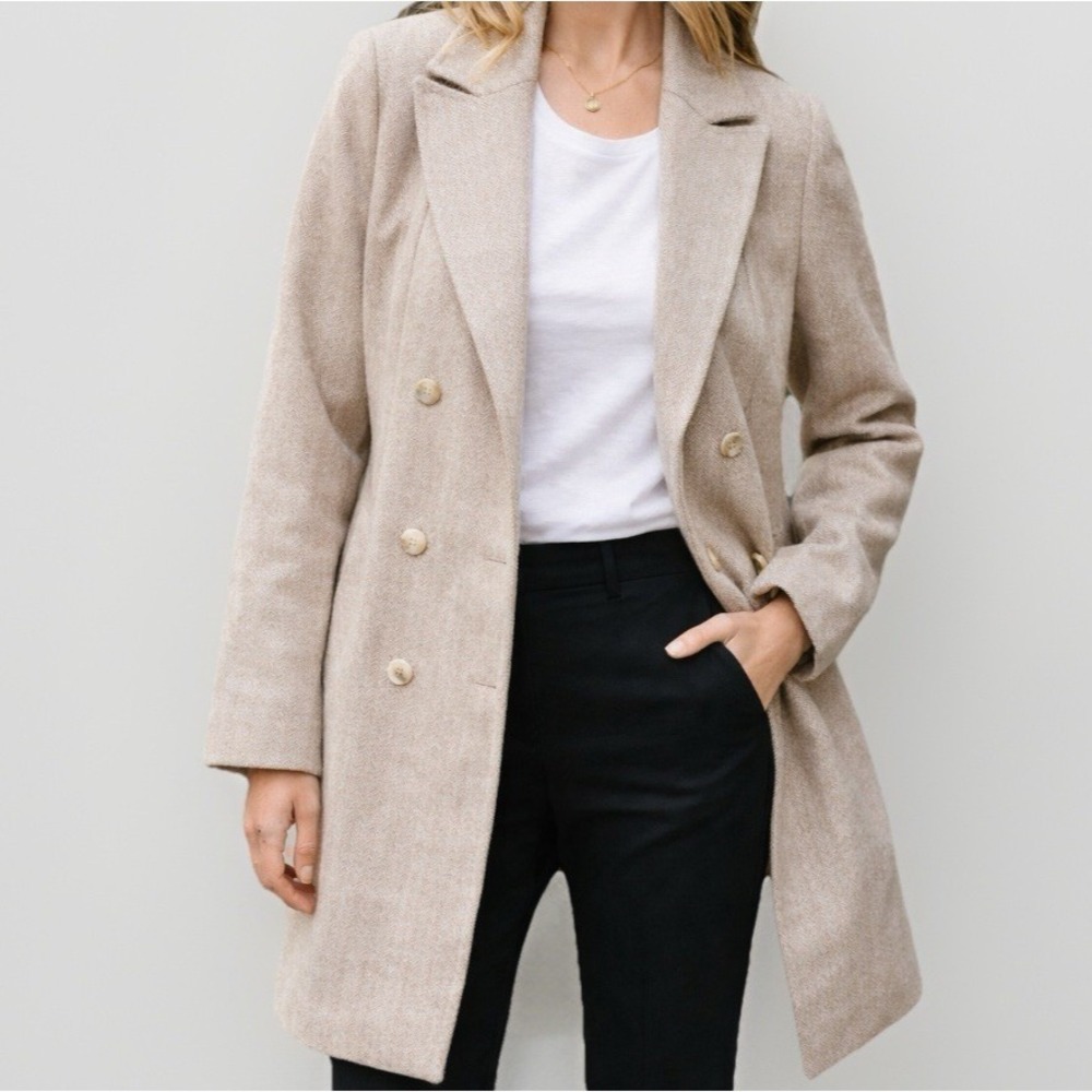 ALORNA Beige Wool Blend Peacoat Womens Sz L Double Breasted Classic Clean Girl